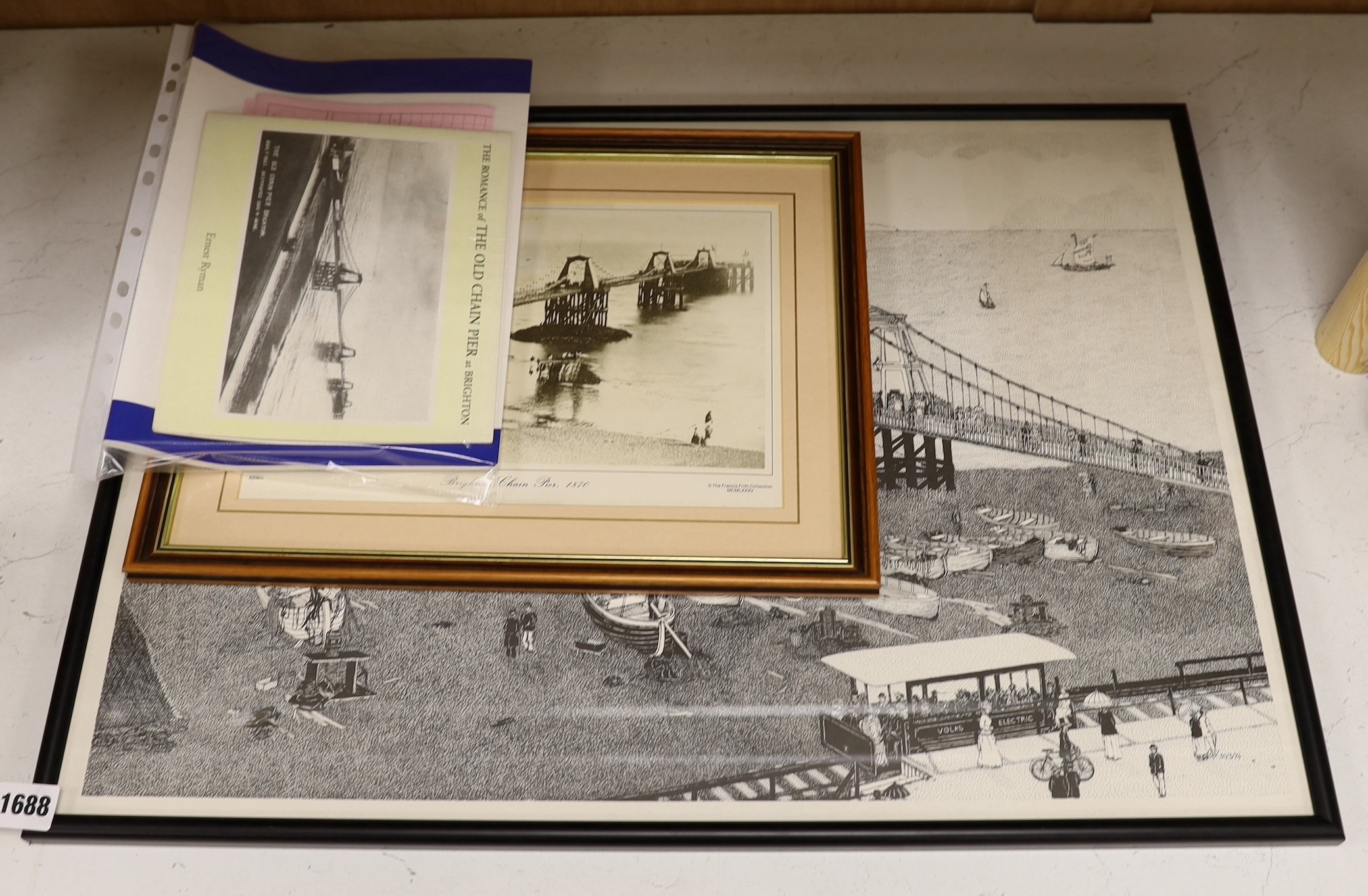 Two prints relating to the old chain pier, Brighton, by Laurie Williams and Francis Frith together with two related books